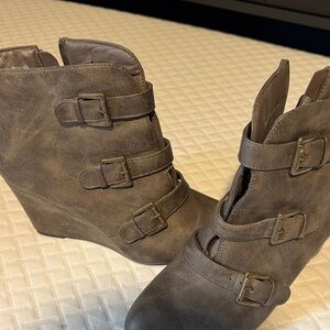 Lane Bryant Taupe Buckle Wedge Ankle Boots